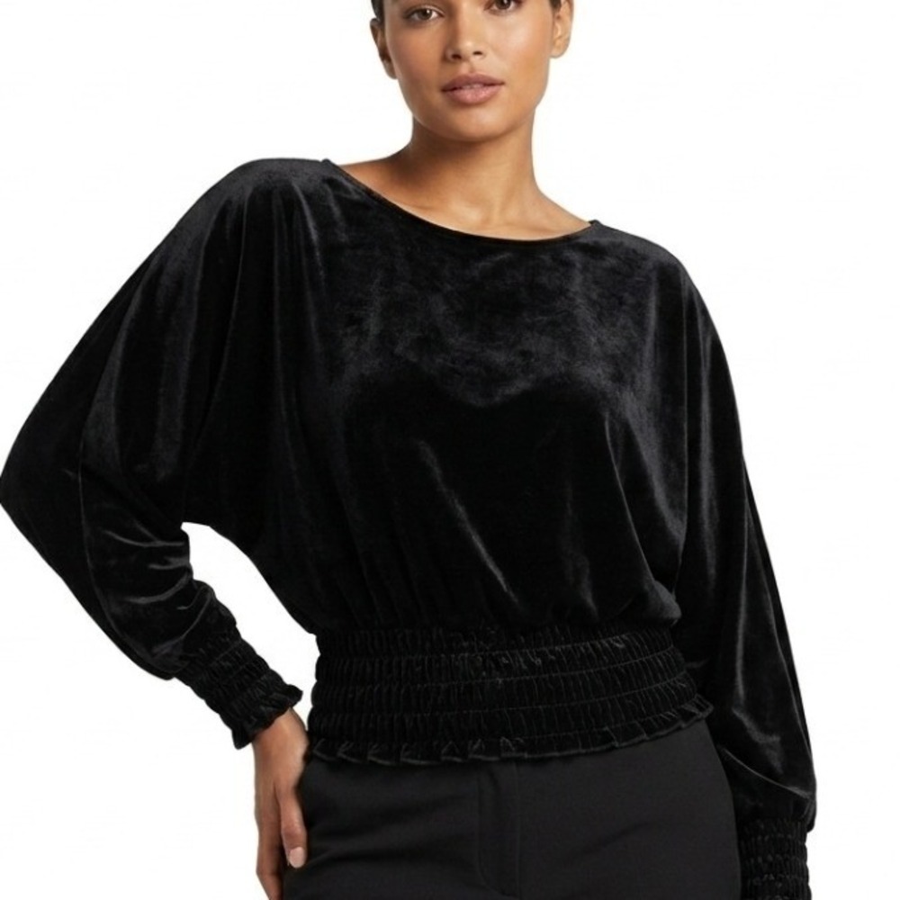 Vince Camuto Velvet Top Womens Small Black Smocked Waist Dolman‎ Sleeve Blouson